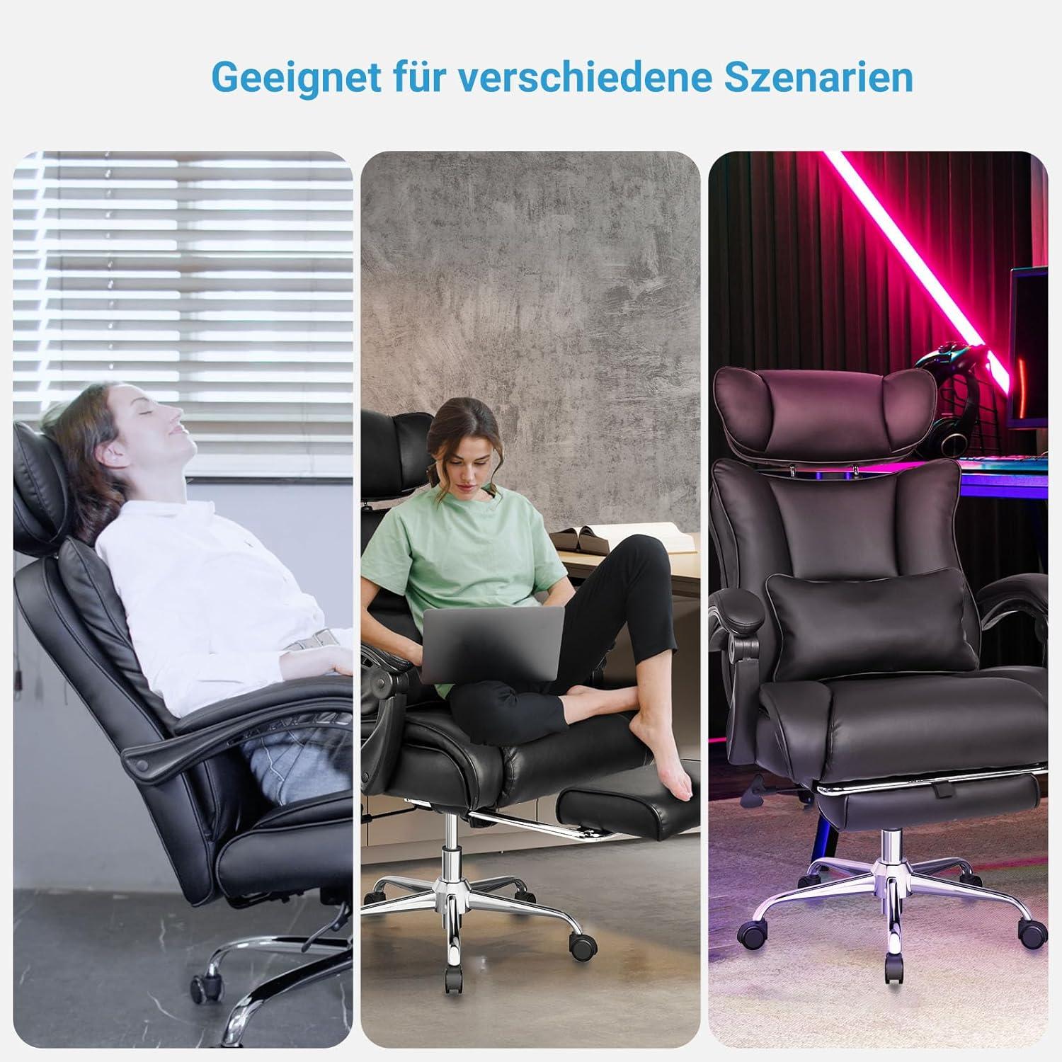 Ergonomischer Bürostuhl 200KG Schwarz PU-Leder Fußstütze