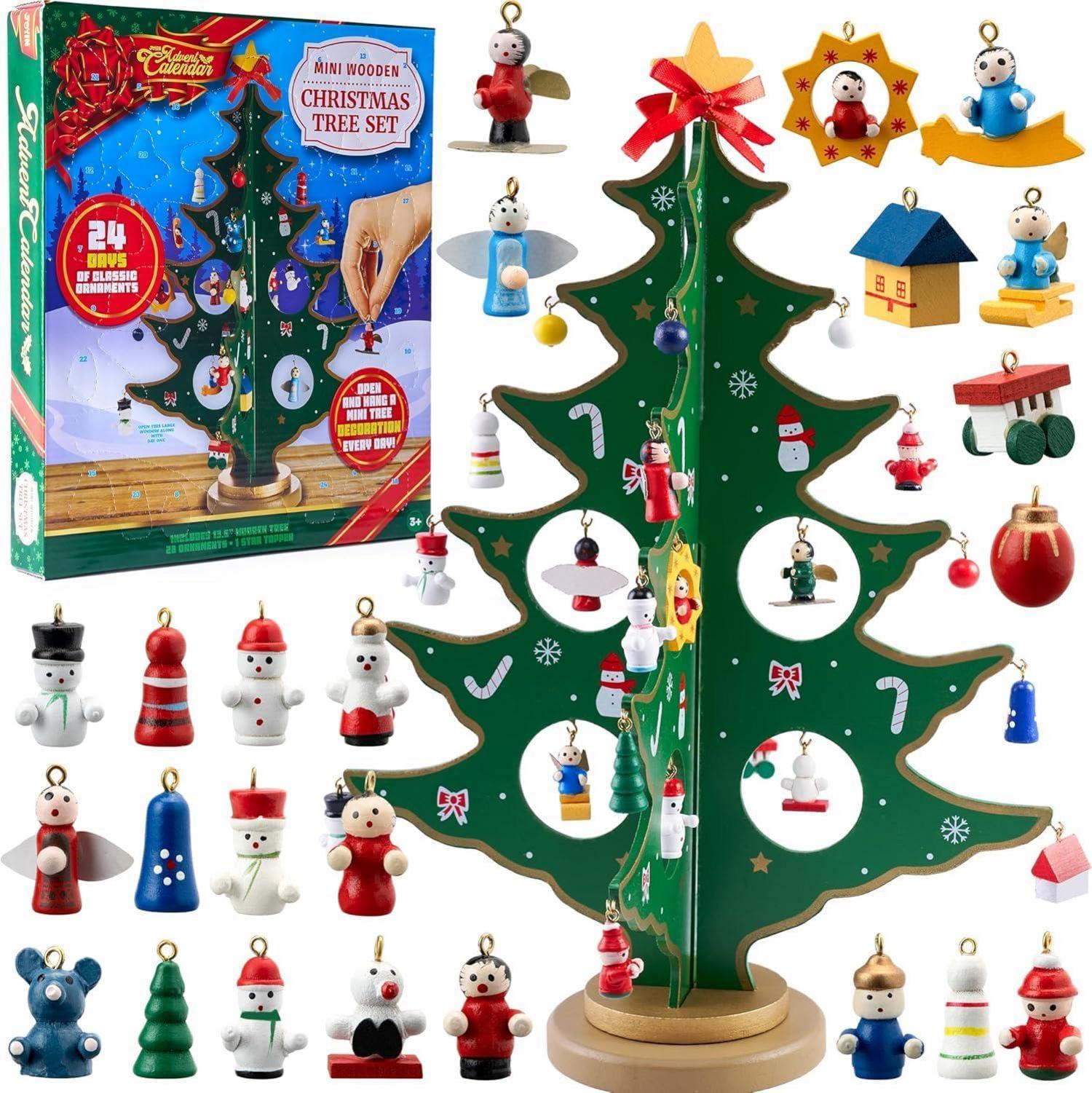 Adventskalender 2024 mit Hölzernen Weihnachtsbaum und 28 Ornamenten