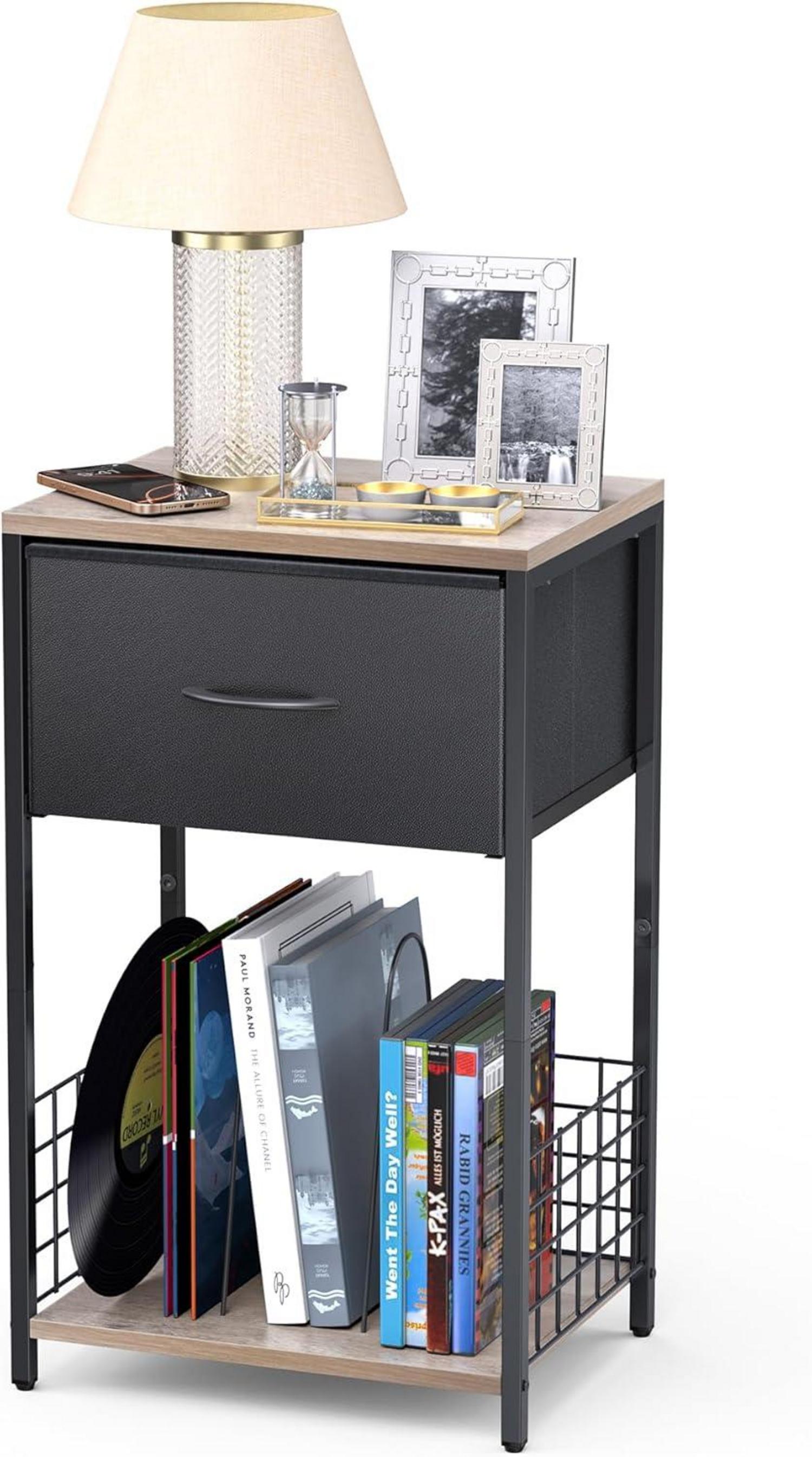 Moderne graue Nachttisch mit Stoffschublade und Metallrahmen
