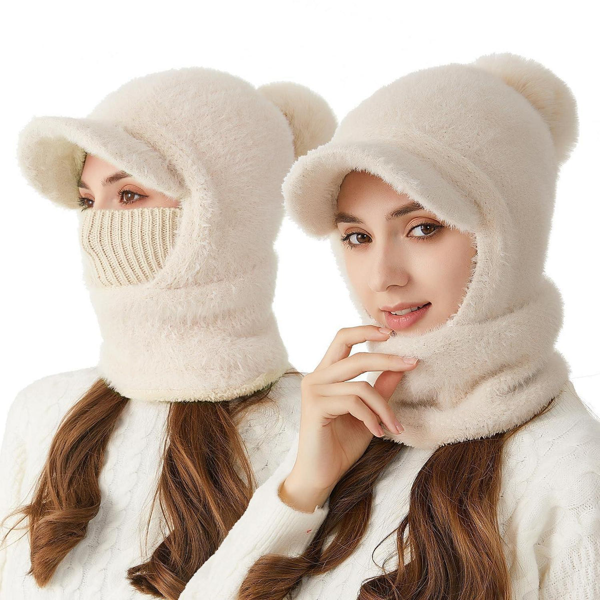 Winter Strickmütze mit Kapuze – Warm & Vielseitig Beige