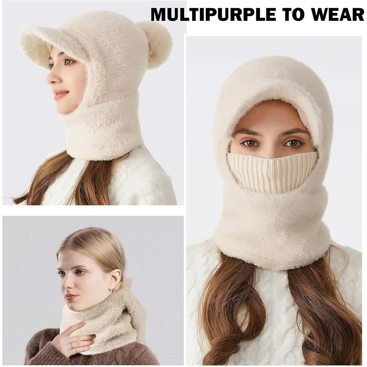 Winter Strickmütze mit Kapuze – Warm & Vielseitig Beige