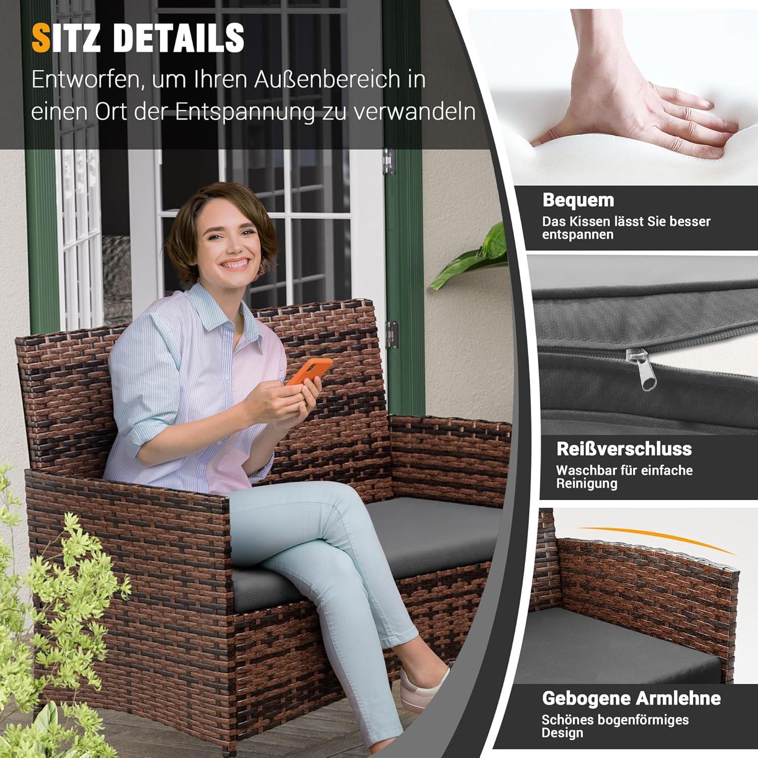 Polyrattan Sitzgruppe 4 Personen Set Terrasse Garten dunkelgrau