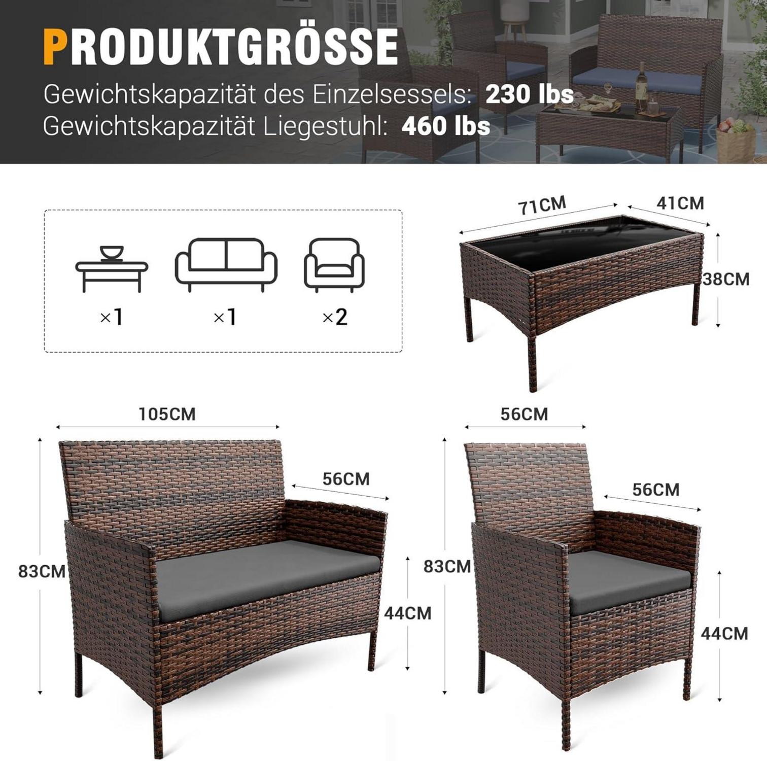 Polyrattan Gartenmöbel Set 4 Personen, Terrasse & Balkon, Braun & Schwarz