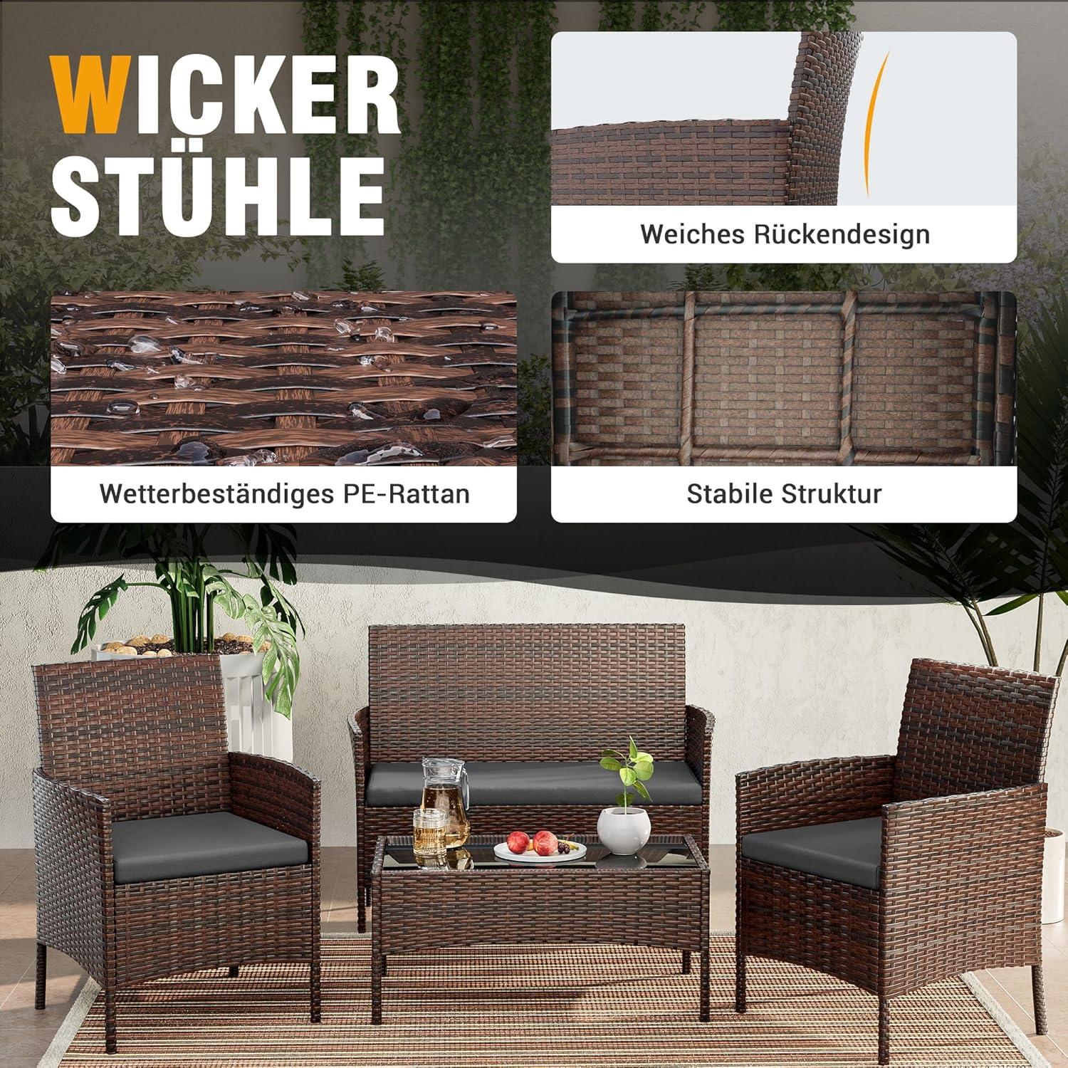 Polyrattan Sitzgruppe 4 Personen Balkonmöbel Set Braun+Schwarz