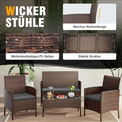 Polyrattan Sitzgruppe 4 Personen Balkonmöbel Set Braun+Schwarz