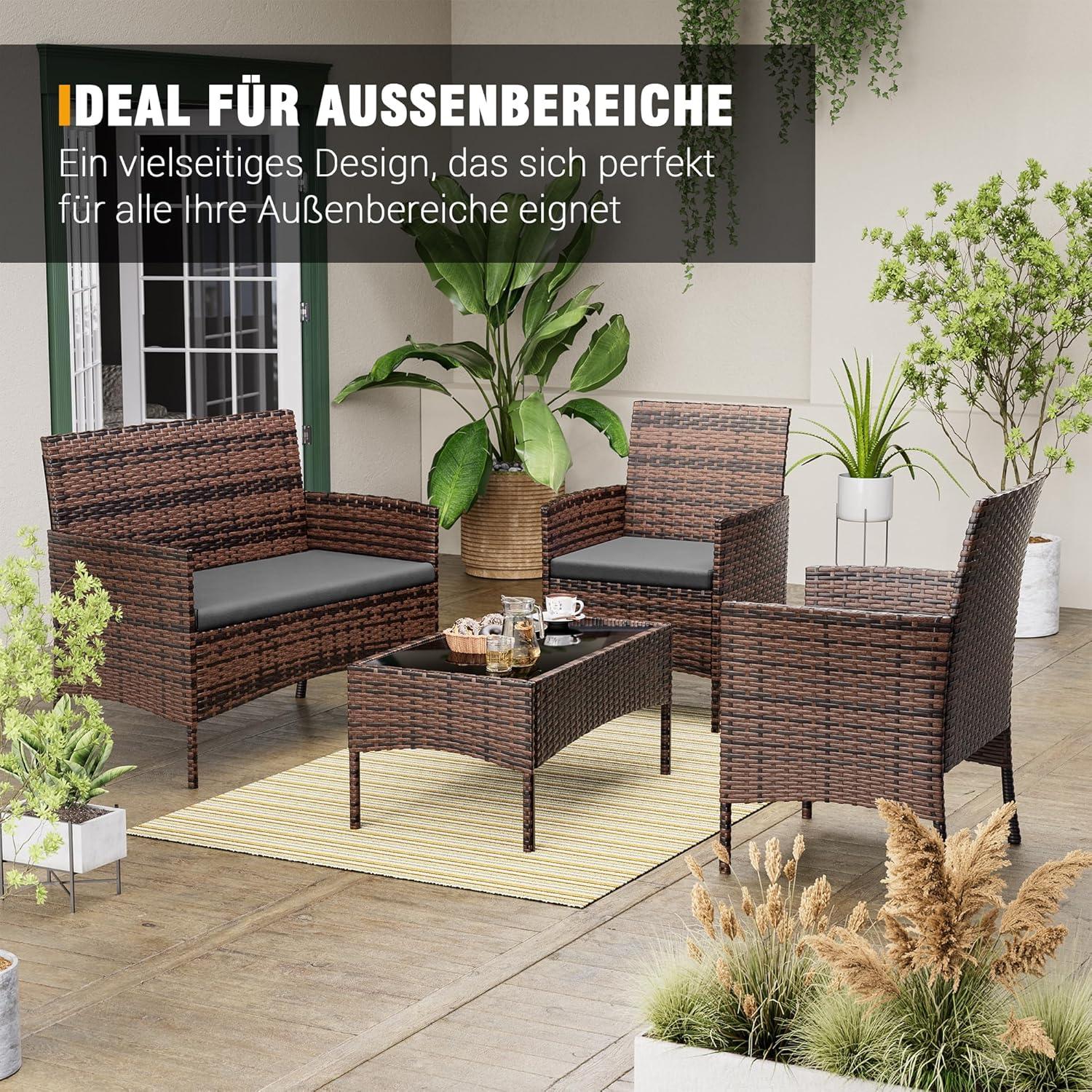 Polyrattan Sitzgruppe für 4 Personen mit Tisch, Sofa, Stühlen & Kissen