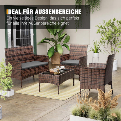 Polyrattan Sitzgruppe für 4 Personen mit Tisch, Sofa, Stühlen & Kissen
