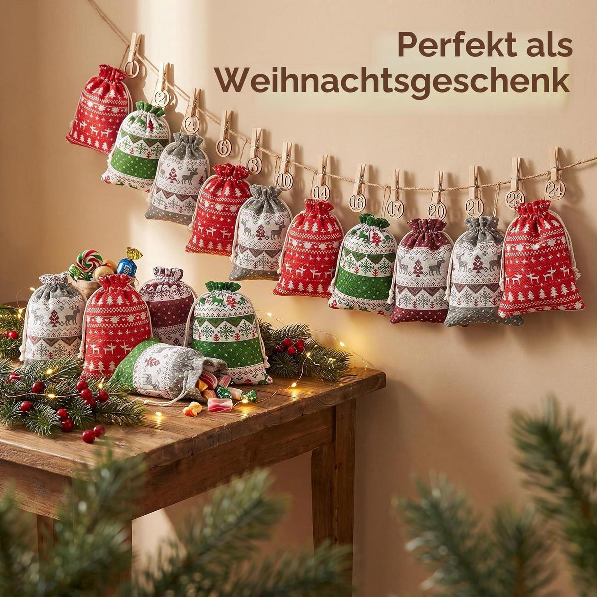 Adventskalender zum Befüllen 2026 mit 24 Stoffbeuteln und Zubehör