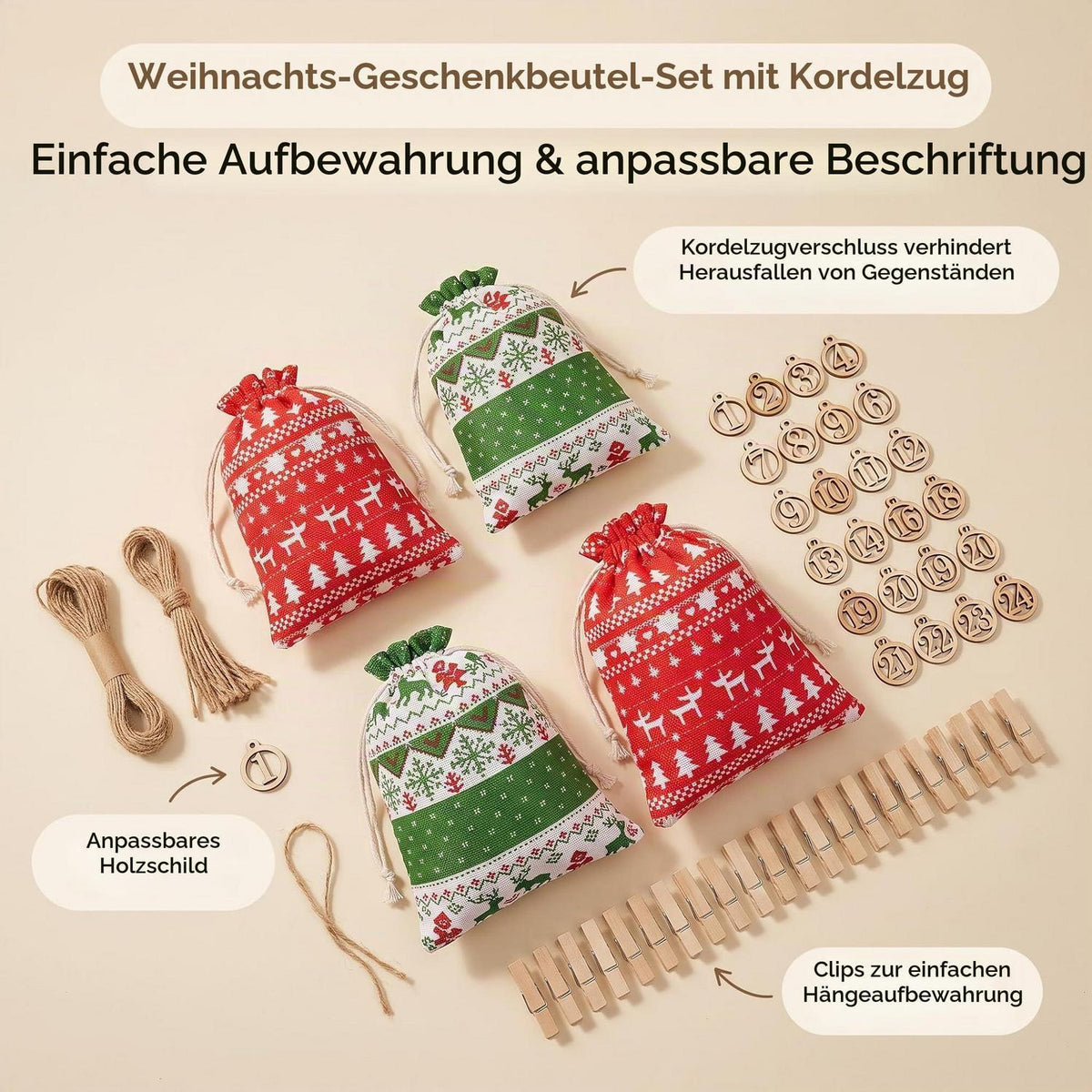 Adventskalender zum Befüllen 2026 mit 24 Stoffbeuteln und Zubehör