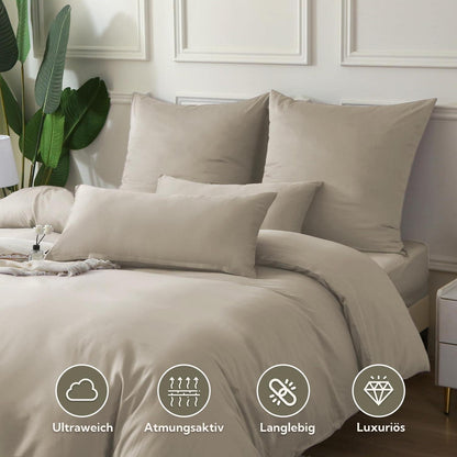 Satin Bettwäsche Set 135x200 Oatmeal 4tlg. Baumwolle
