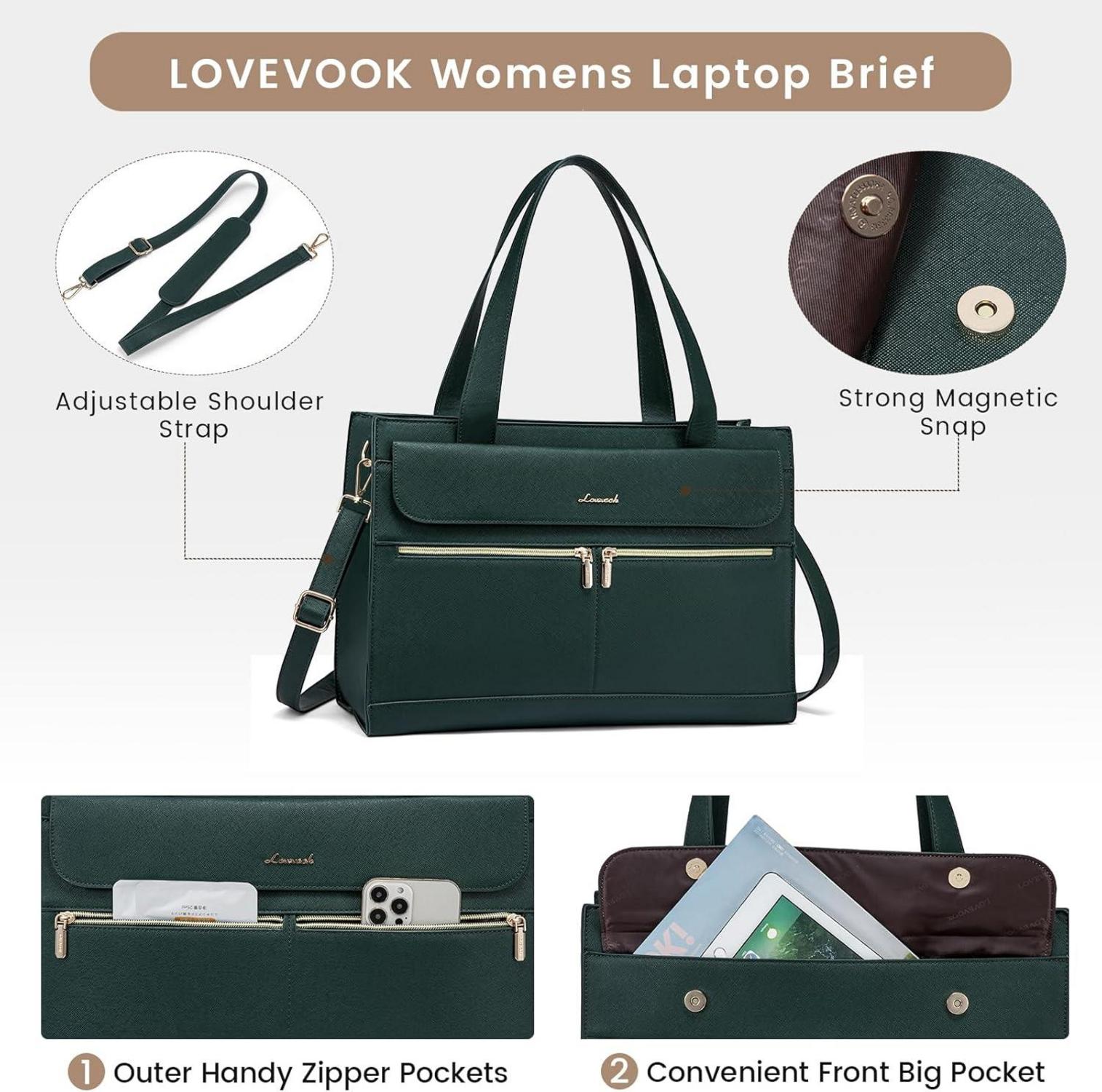 LOVEVOOK Laptop Handtasche Damen, 15,6 Zoll PU Leder Grün
