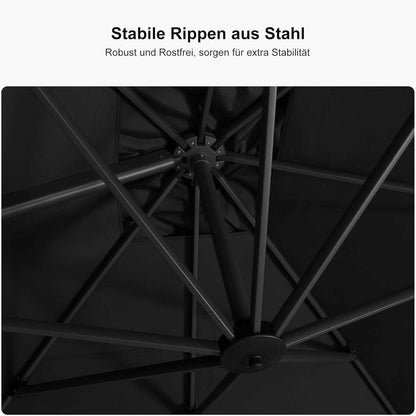 Aluminium Sonnenschirm 300 x 300 cm mit Kurbel und Kreuzsockel, Schwarz