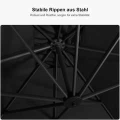 Aluminium Sonnenschirm 300 x 300 cm mit Kurbel und Kreuzsockel, Schwarz