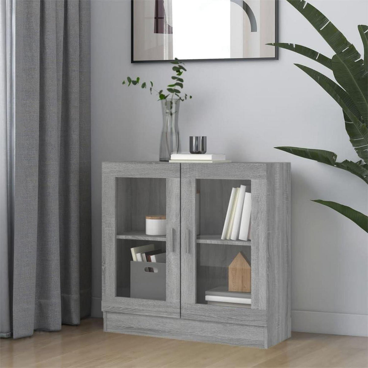 Grauer Bücherschrank mit Vitrine – 82,5 x 30,5 x 80 cm