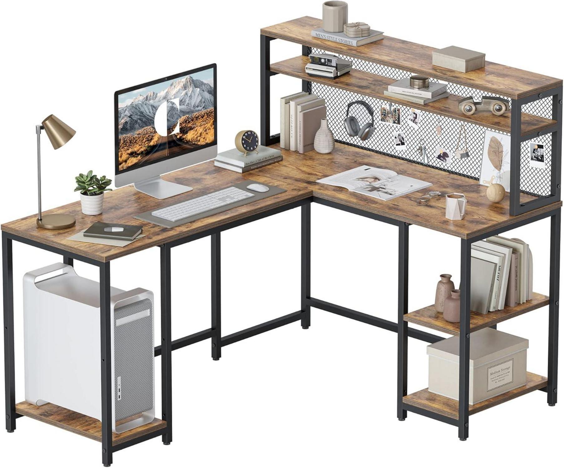 L-förmiger Schreibtisch mit Regal und Drahtgeflecht Vintagebraun