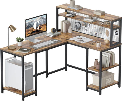 L-förmiger Schreibtisch mit Regal und Drahtgeflecht Vintagebraun