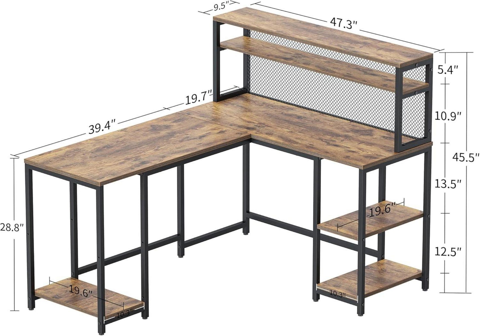 L-förmiger Schreibtisch mit Regal und Drahtgeflecht Vintagebraun
