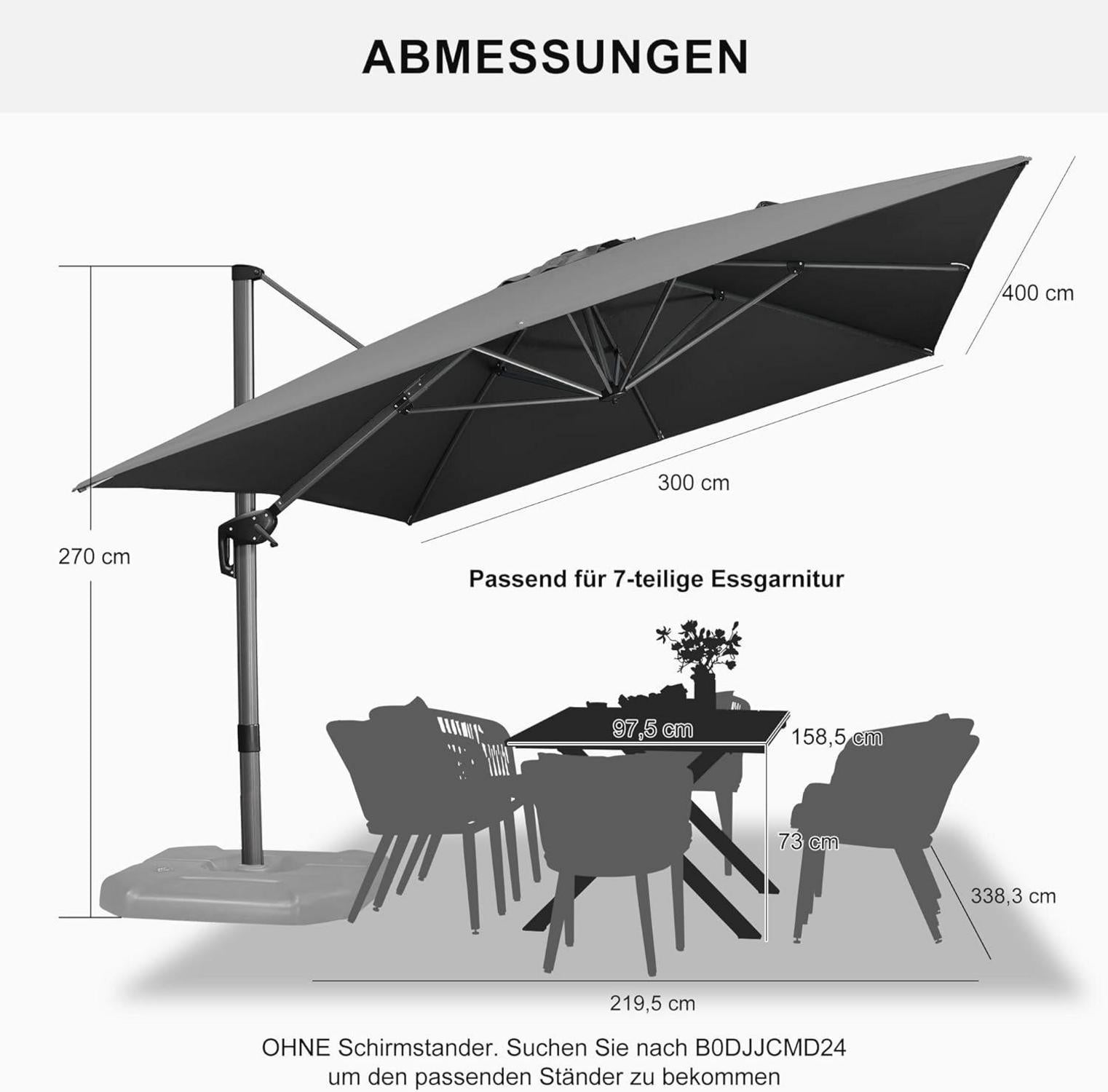 Sonnenschirm Rechteckig 300x400cm Aluminium Ampelschirm Groß Schwarz
