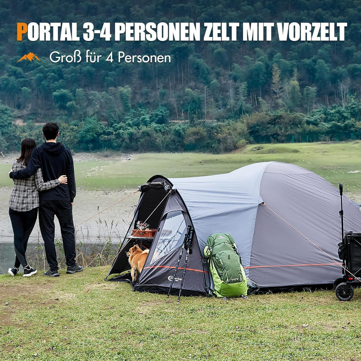 Kuppelzelt 3-4 Personen Blackout 4000mm wasserdicht mit Vorzelt Grau