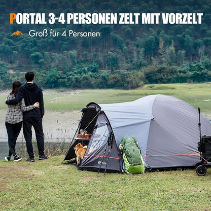 Kuppelzelt 3-4 Personen Blackout 4000mm wasserdicht mit Vorzelt Grau