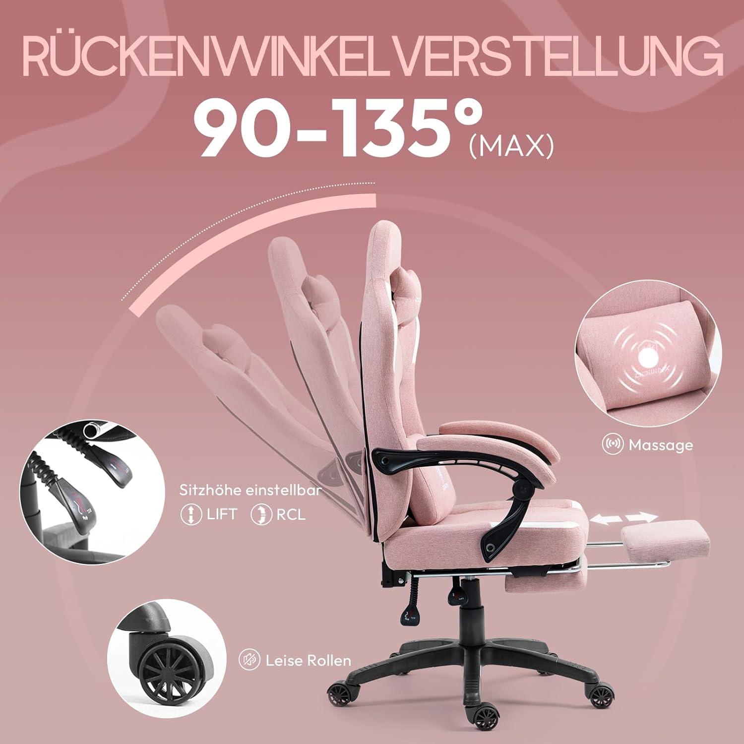 Dowinx Gaming Stuhl Stoff mit Massage Kissen, Ergonomisch, Fußstütze, Bürostuhl