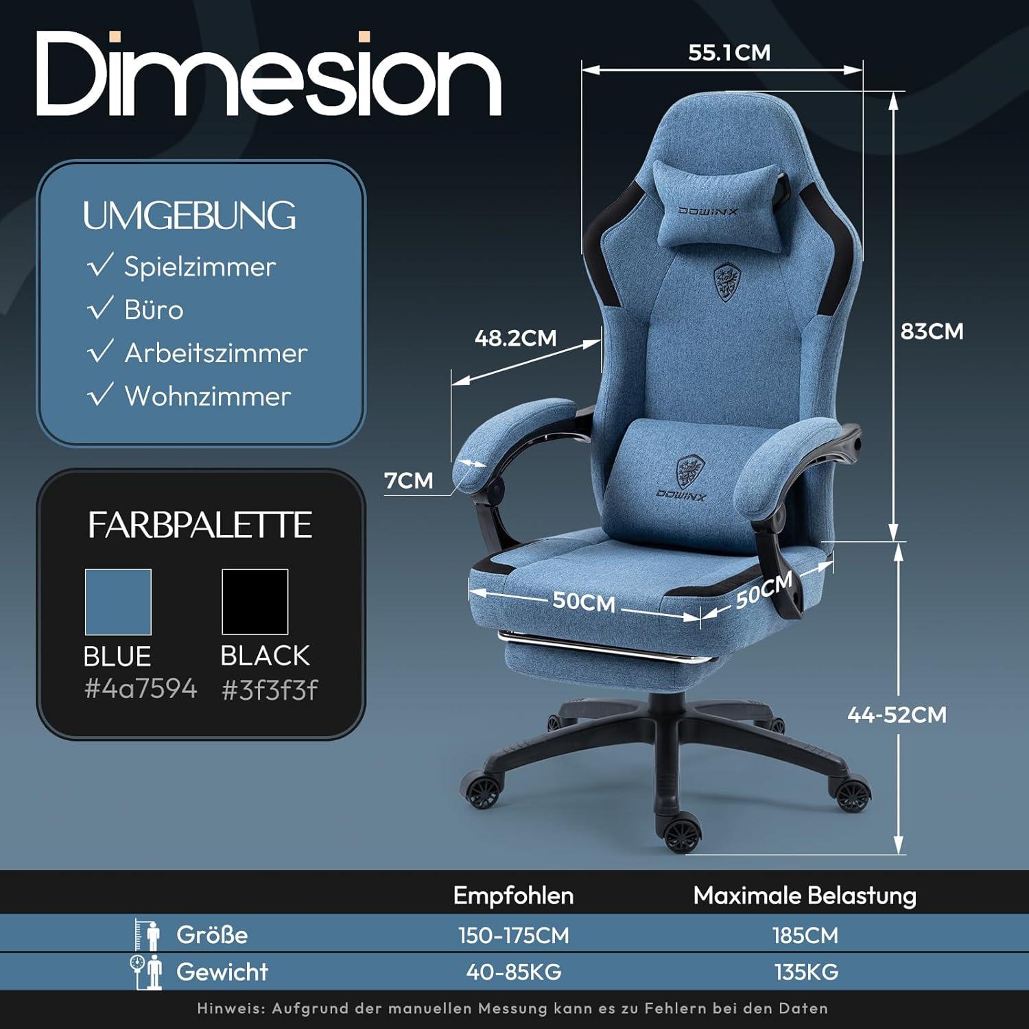 Dowinx Gaming Stuhl Stoff mit Massage und Fußstütze Blau