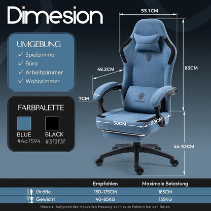Dowinx Gaming Stuhl Stoff mit Massage und Fußstütze Blau