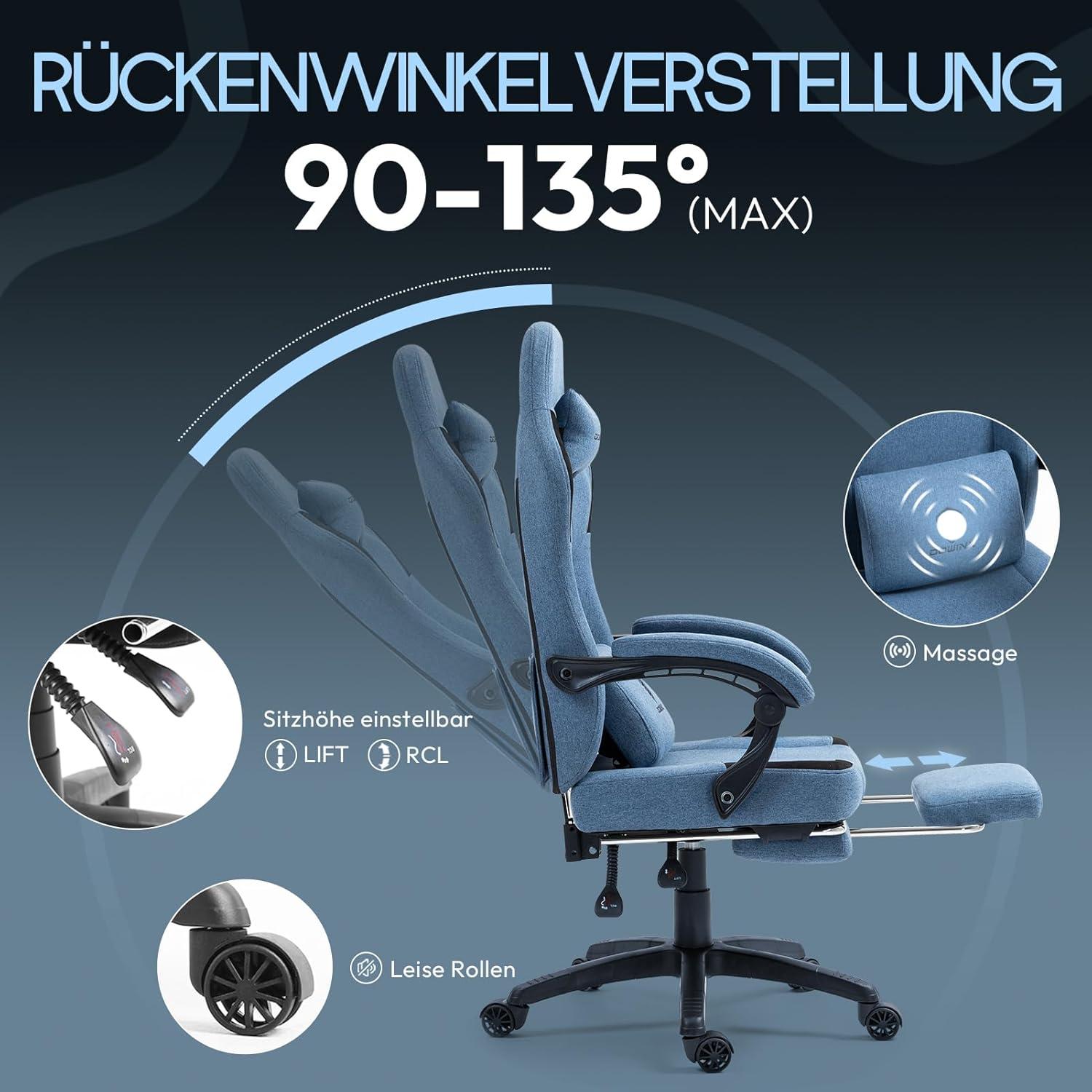 Gaming Stuhl Dowinx Stoff Massage Frühlingskissen Fußstütze Ergonomisch Blau