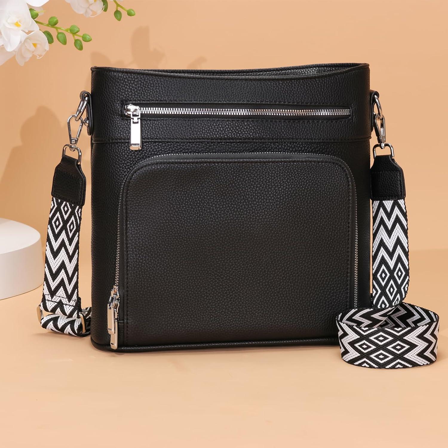 Moderne Damen Handtasche Mittelgroß Umhängetasche Vegan Leder Crossbody Schwarz