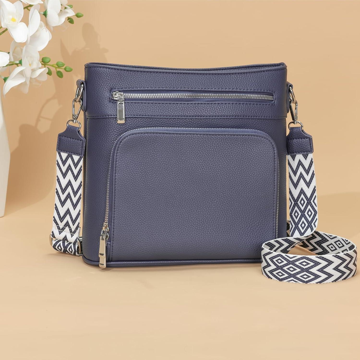Damen Handtasche Mittelgroß Umhängetasche Vegan Leder Crossbody Blau
