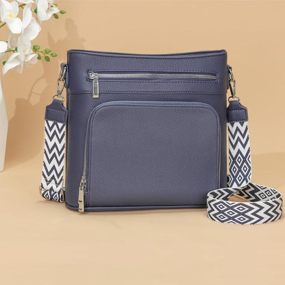 Damen Handtasche Mittelgroß Umhängetasche Vegan Leder Crossbody Blau