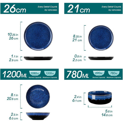 Modernes Steingut Geschirrset 24-teilig Blau für 6 Personen