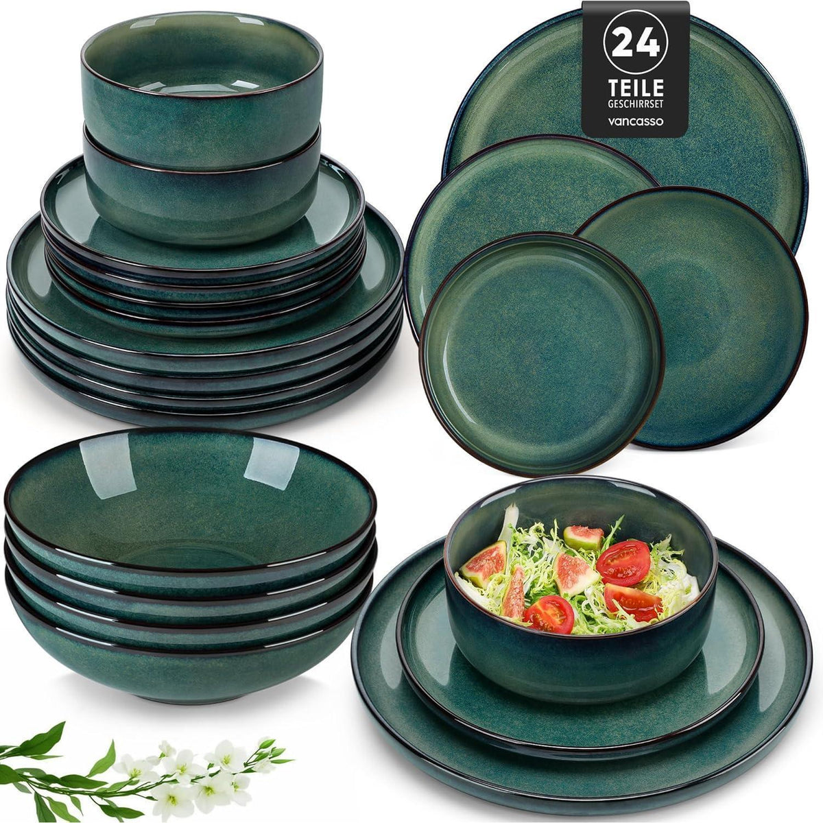 Tafelservice 6 Personen modern, Grün, 24-teilig Steingut