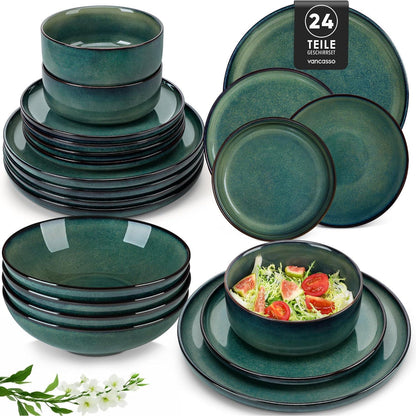 Tafelservice 6 Personen modern, Grün, 24-teilig Steingut