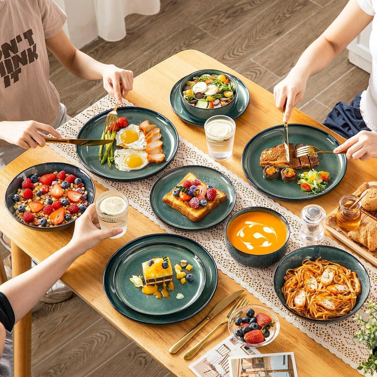 Tafelservice 6 Personen modern, Grün, 24-teilig Steingut