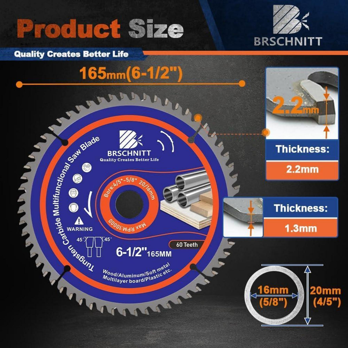 Kreissägeblatt 165mm 60T für Holz, Metall & Alu (6 Stück)