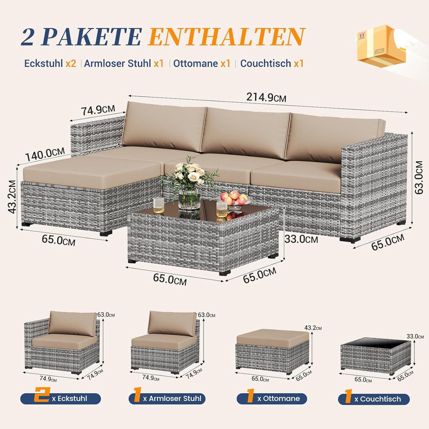 Rattan Gartenmöbel-Set 5tlg. mit Sofa Sessel Kissen Tisch Grau-meliert