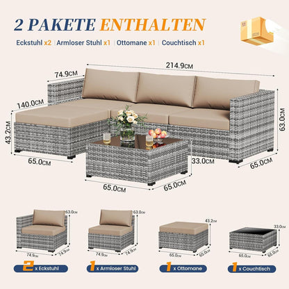 Rattan Gartenmöbel-Set 5tlg. mit Sofa Sessel Kissen Tisch Grau-meliert