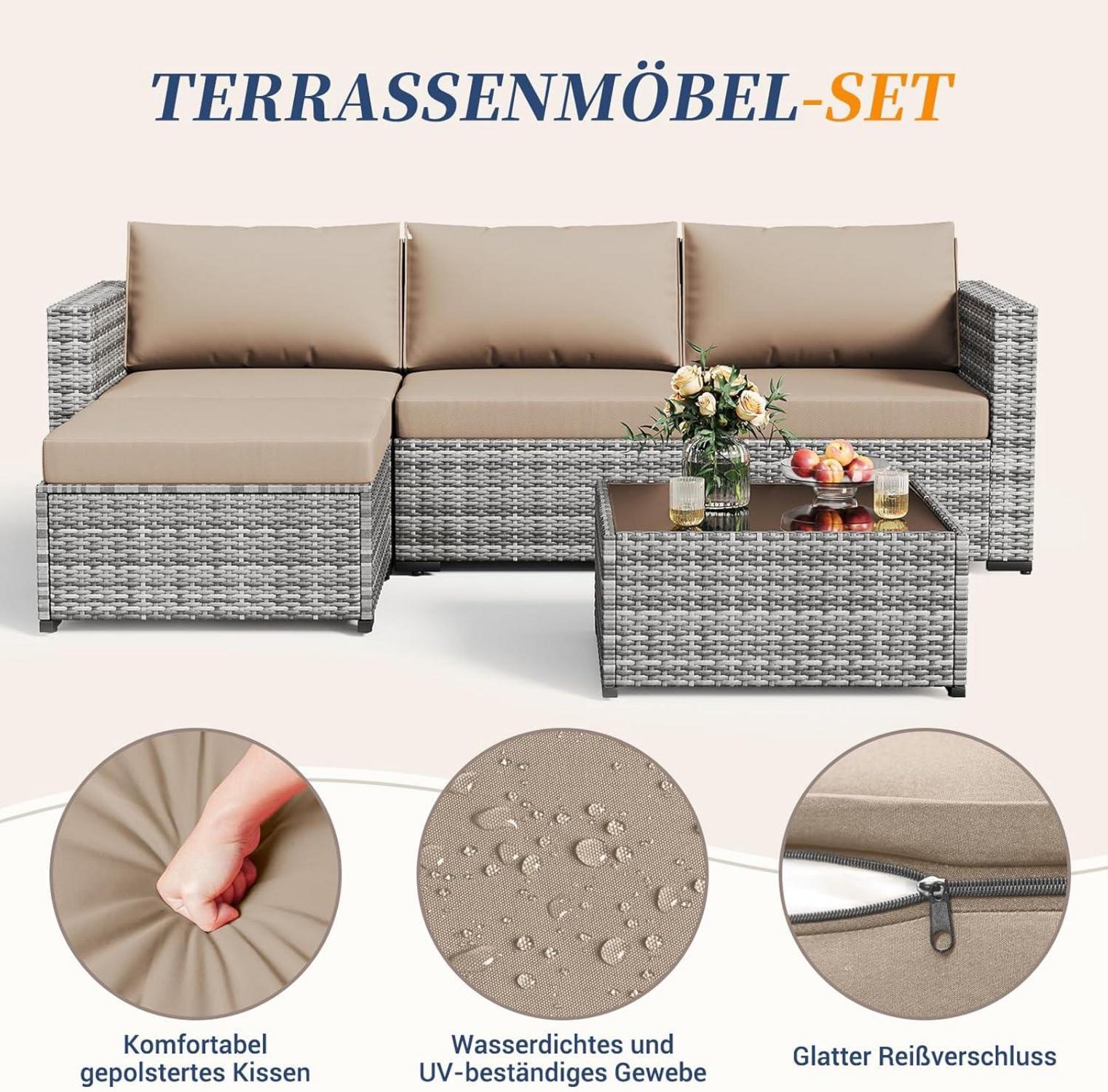 Amopatio Rattan Gartenmöbel Set 5 TLG. für Garten Terrasse Balkon Grau Khaki