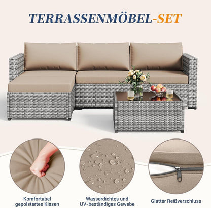 Amopatio Rattan Gartenmöbel Set 5 TLG. für Garten Terrasse Balkon Grau Khaki