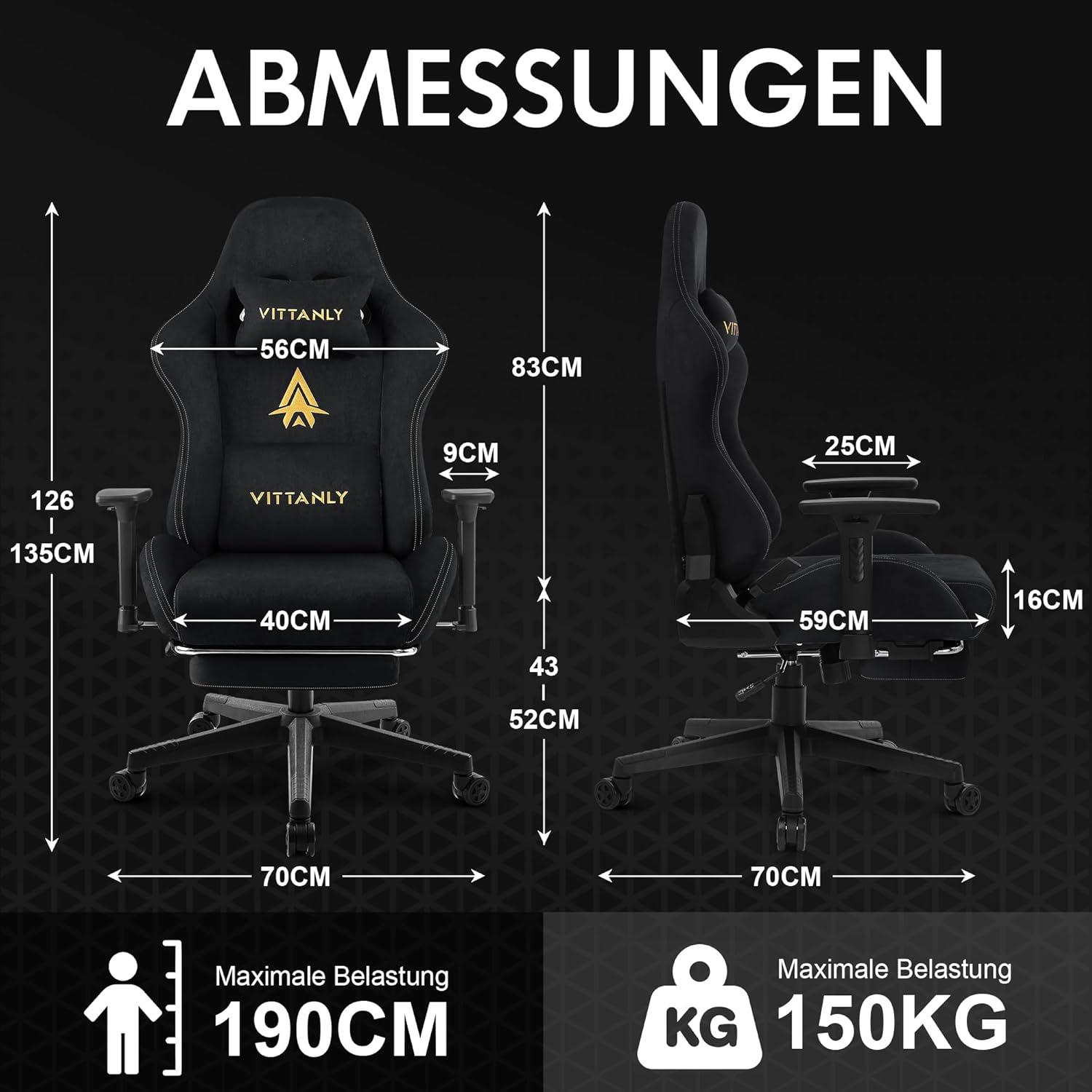 Vittanly Gaming Stuhl Wildlederimitat Bürostuhl Schwarz 3D