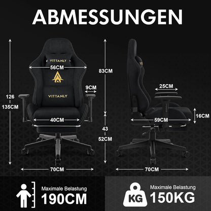 Vittanly Gaming Stuhl Wildlederimitat Bürostuhl Schwarz 3D