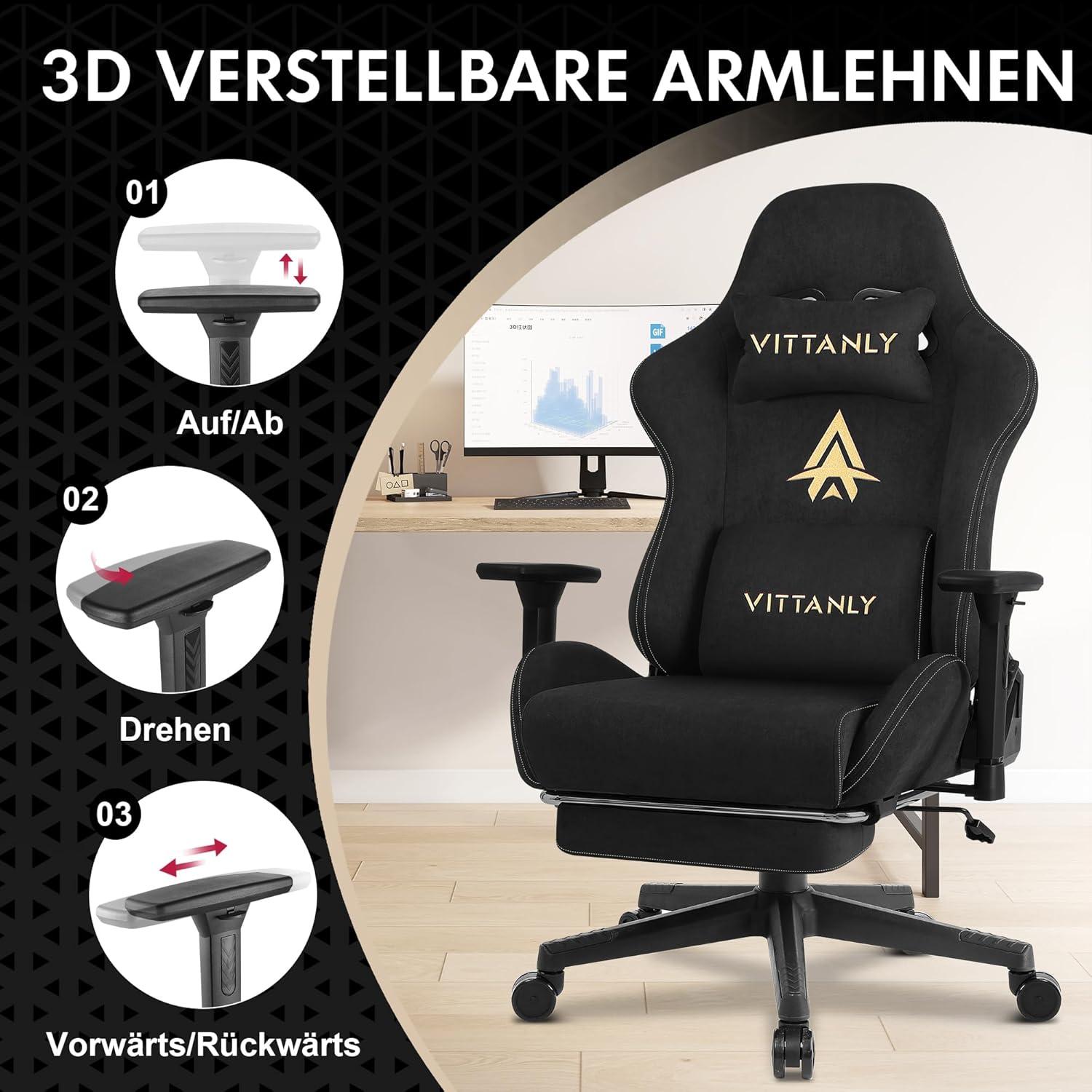 Vittanly Gaming Stuhl mit Fußstütze, Ergonomischer Bürostuhl 90-155°, Schwarz