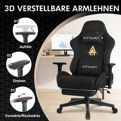 Vittanly Gaming Stuhl mit Fußstütze, Ergonomischer Bürostuhl 90-155°, Schwarz