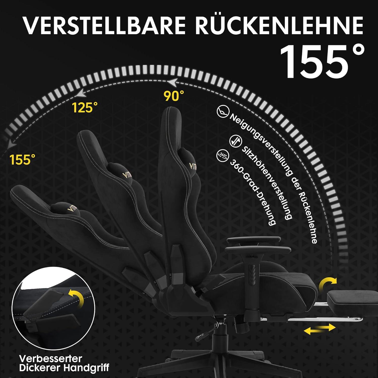 Vittanly Gaming Stuhl Bürostuhl mit Fußstütze Schwarz 3D Armlehnen