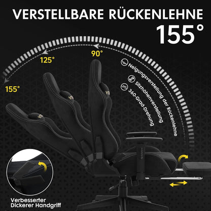Vittanly Gaming Stuhl Bürostuhl mit Fußstütze Schwarz 3D Armlehnen