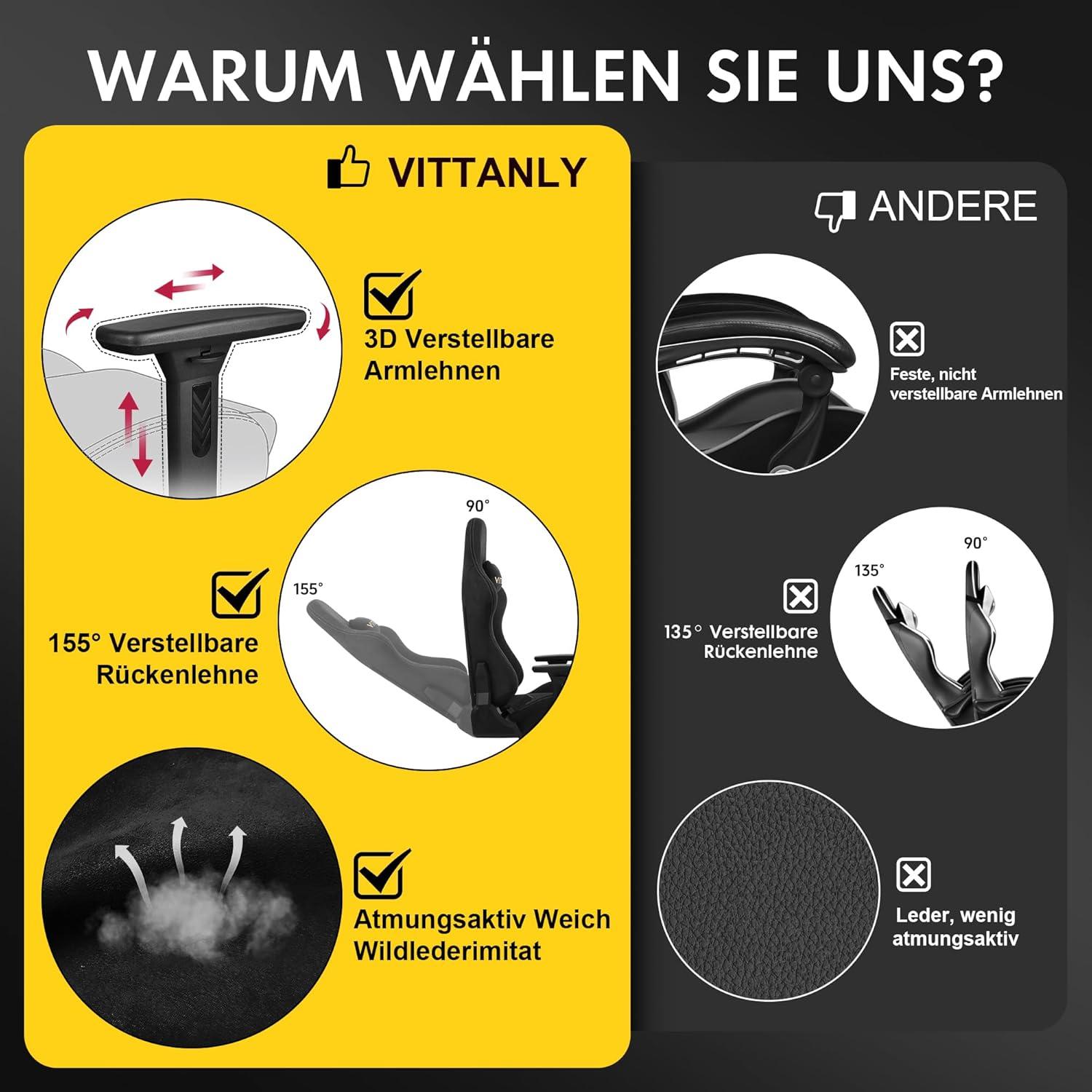 Vittanly Gaming Stuhl Bürostuhl mit Fußstütze Schwarz 3D Armlehnen