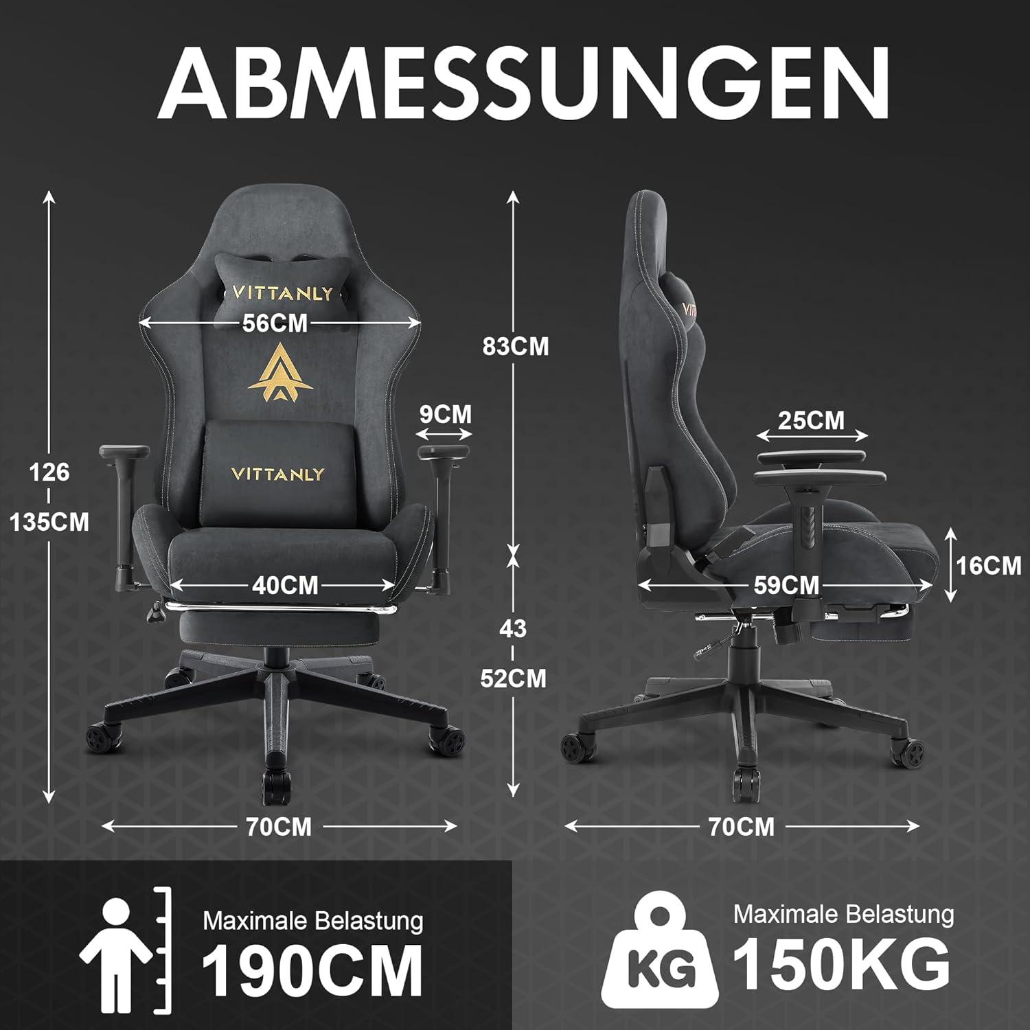 Gaming Stuhl mit Fußstütze, Kopfstütze und Lendenkissen, 3D