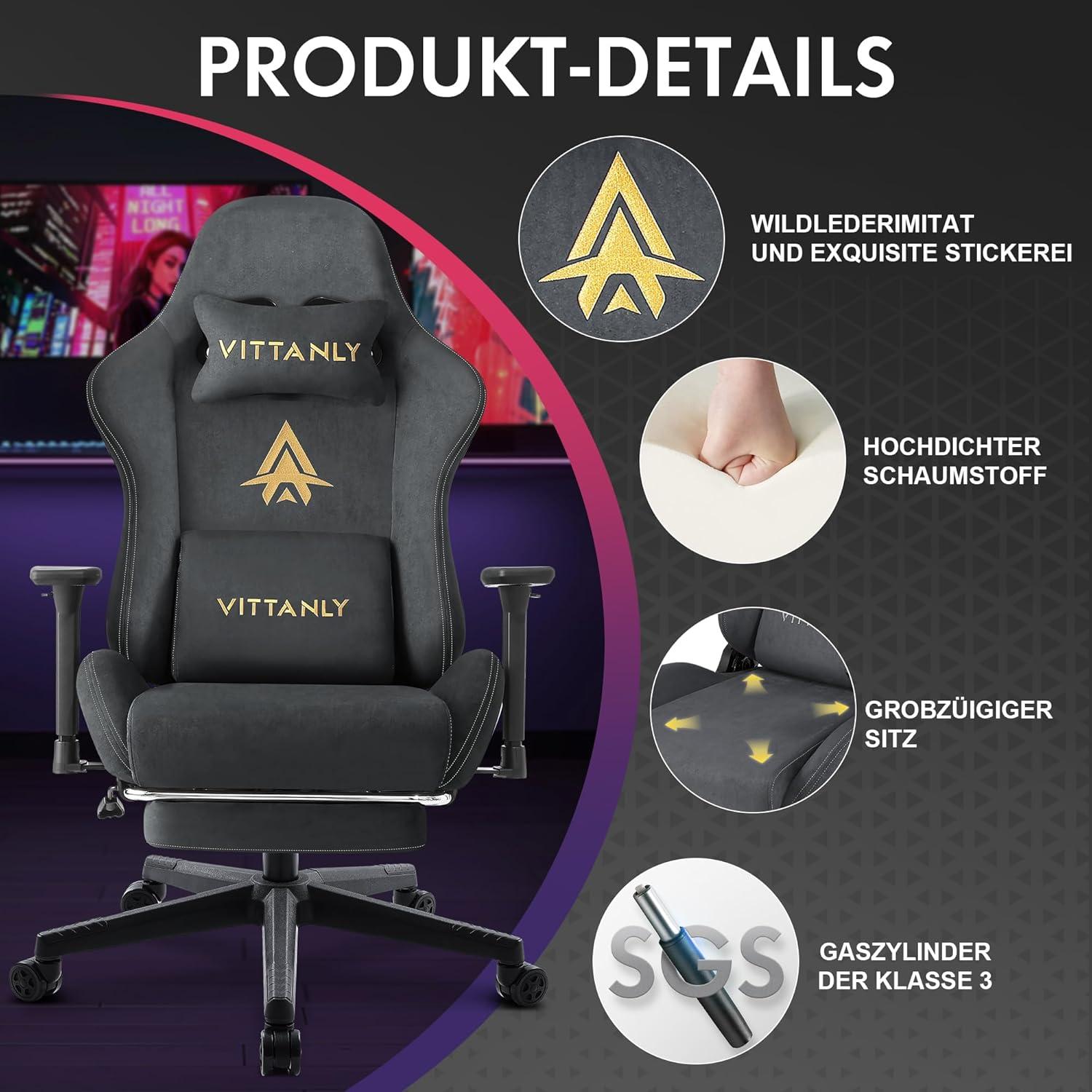 Gaming Stuhl Vittanly Atmungsaktiv 3D Armlehnen Grau