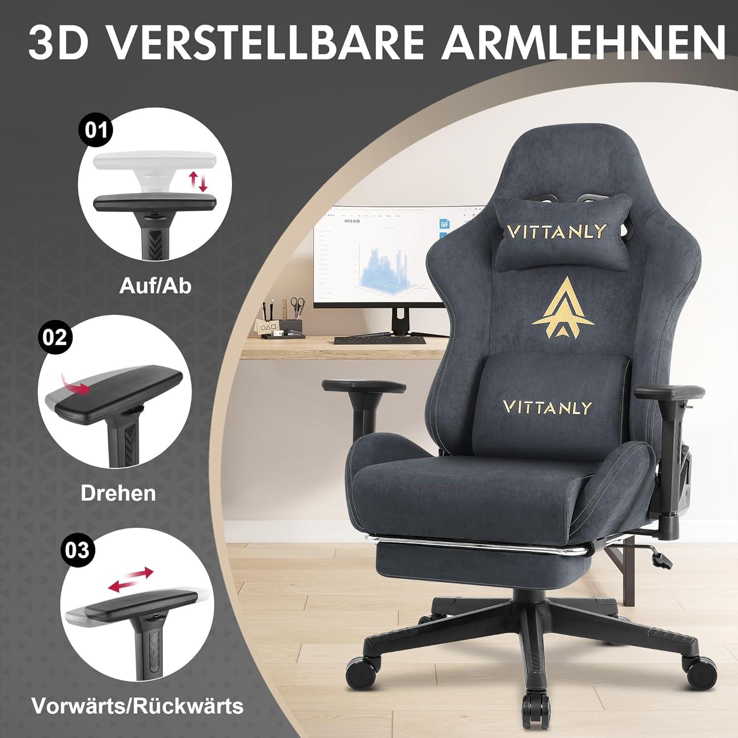 Vittanly Gaming Stuhl Luxuriöser Wildlederimitat Bürostuhl Grau